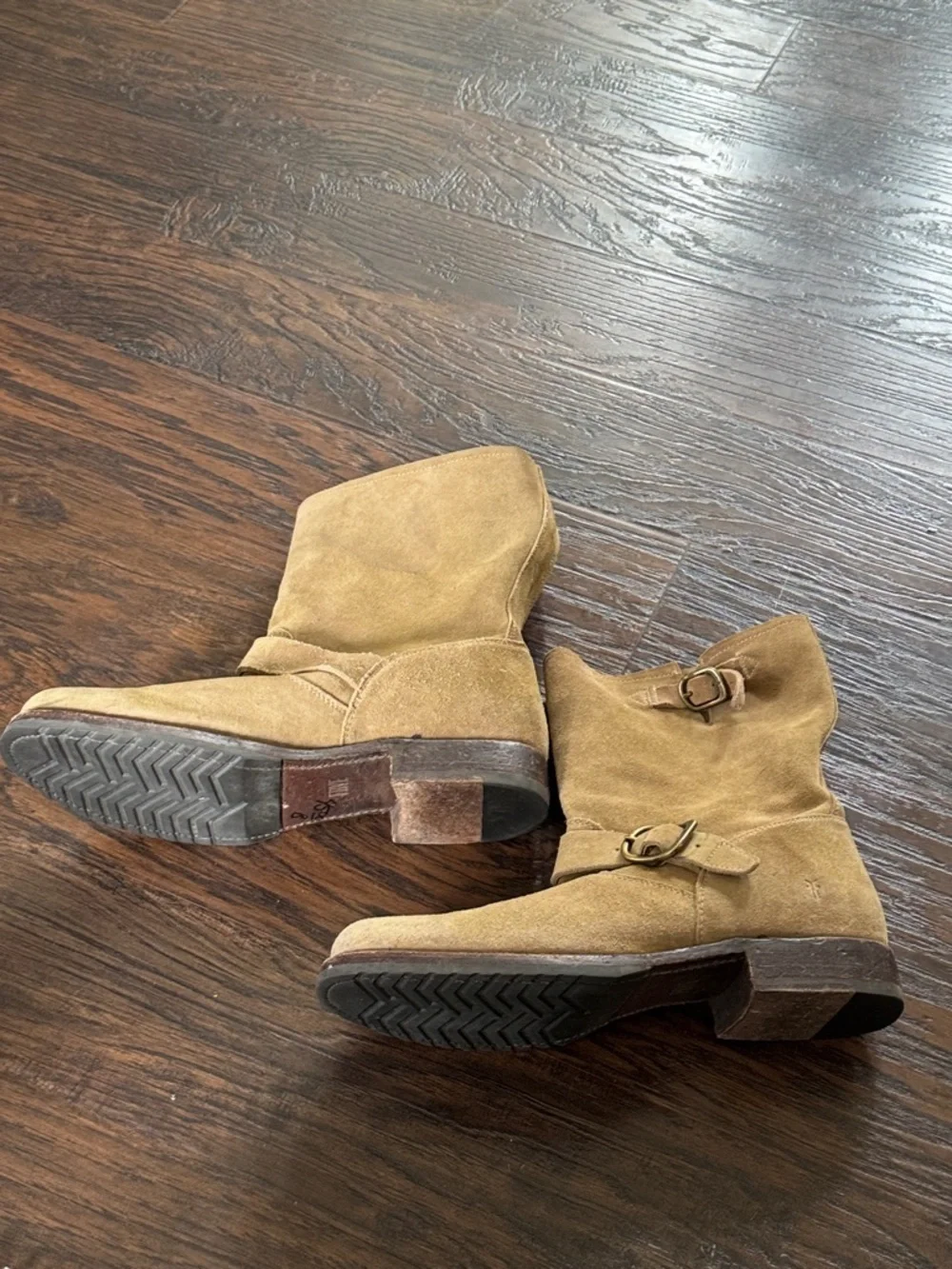 Frye Tan Suede Buckle Ankle Boots, Sz 11